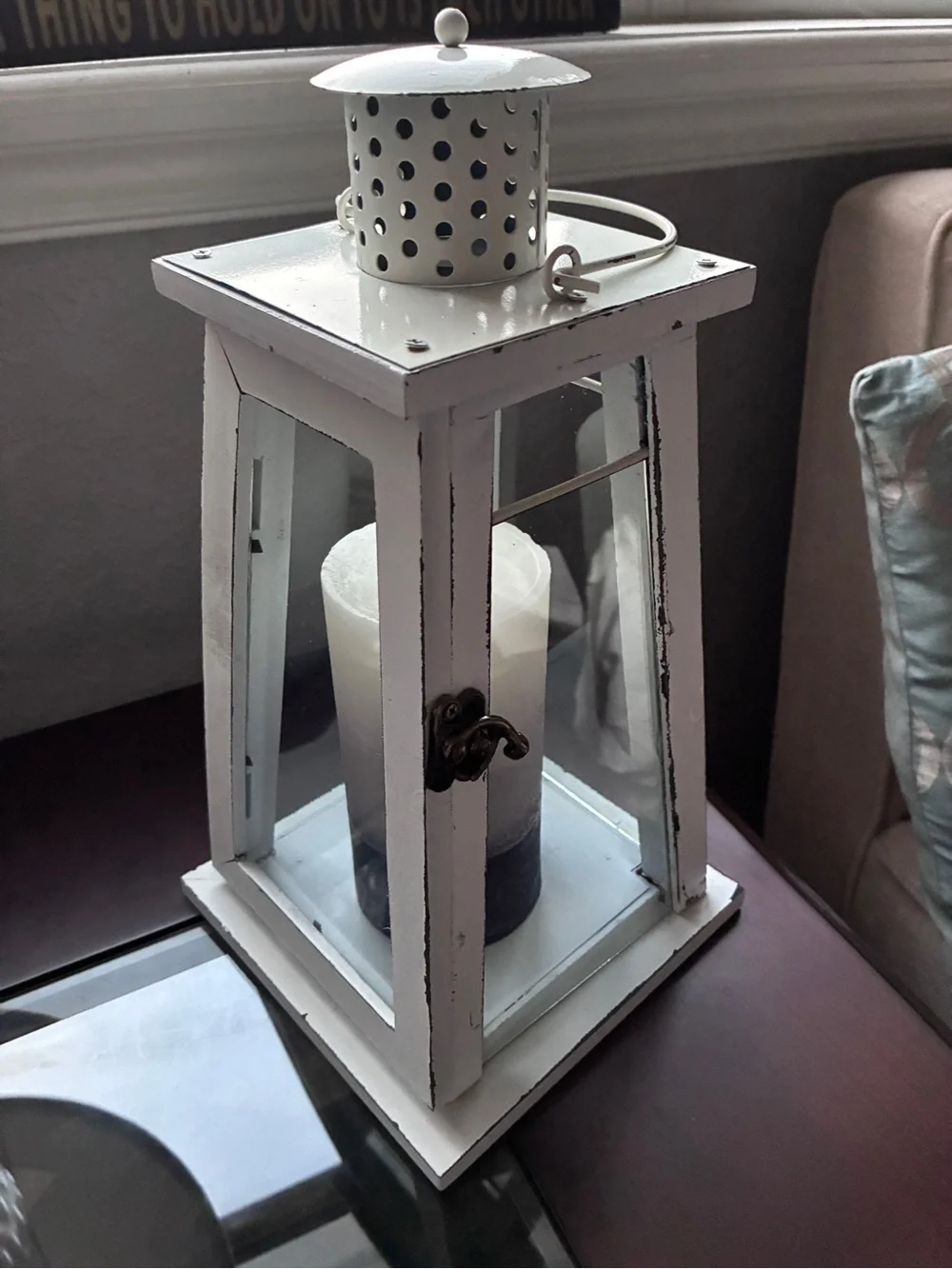 Distressed White Wooden Lantern with Two-Tone Candle - Rustic Accent